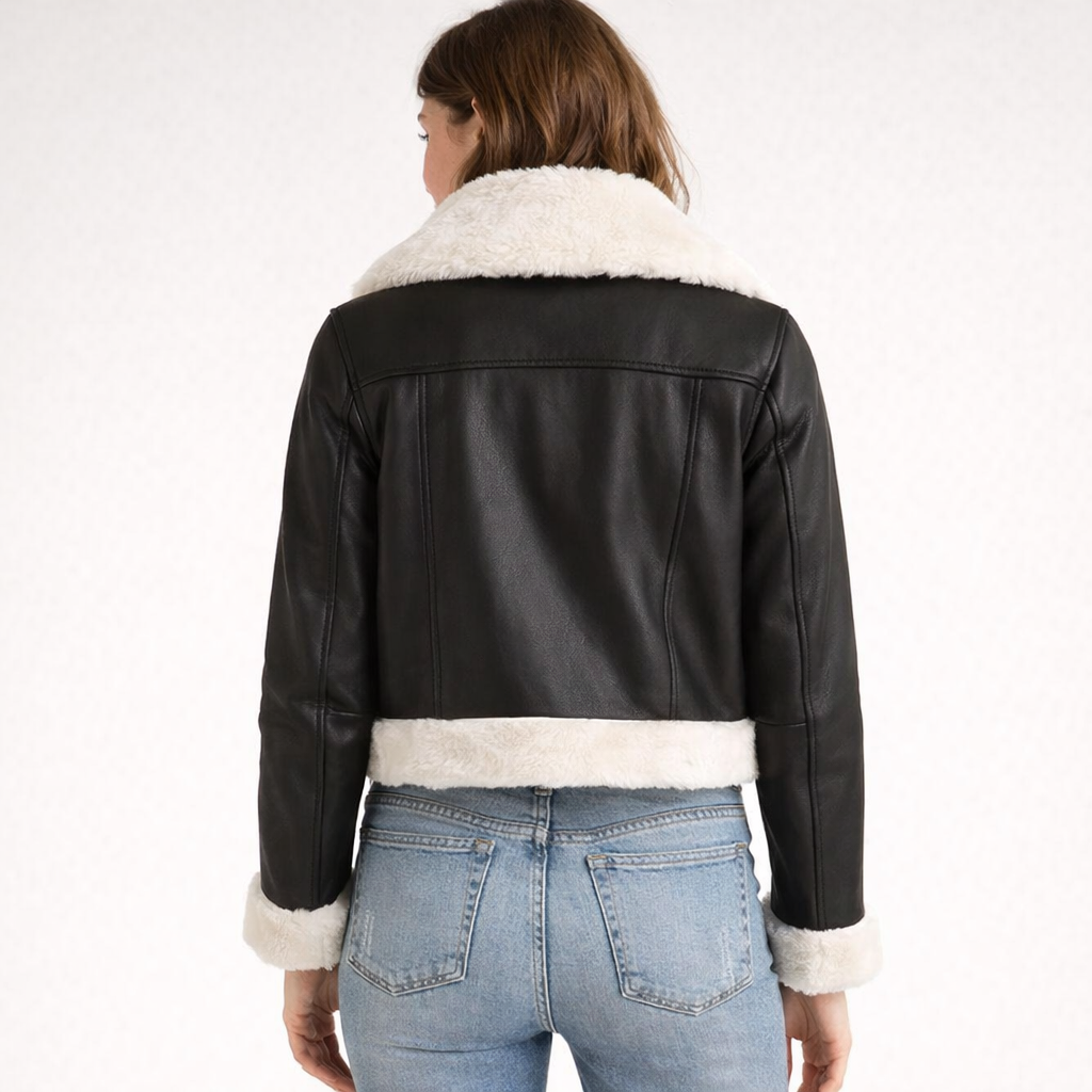 Women's Black Cropped Leather Jacket - Back
