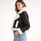 Women's Black Cropped Leather Jacket - Left