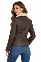 Women's Leather Jacket With Fur Collar - Left