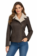 Women's Leather Jacket With Fur Collar - Front