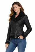 Women's Black Bomber Lambskin Fur Leather Jacket - Front