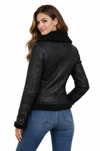 Women's Black Bomber Lambskin Fur Leather Jacket - Back