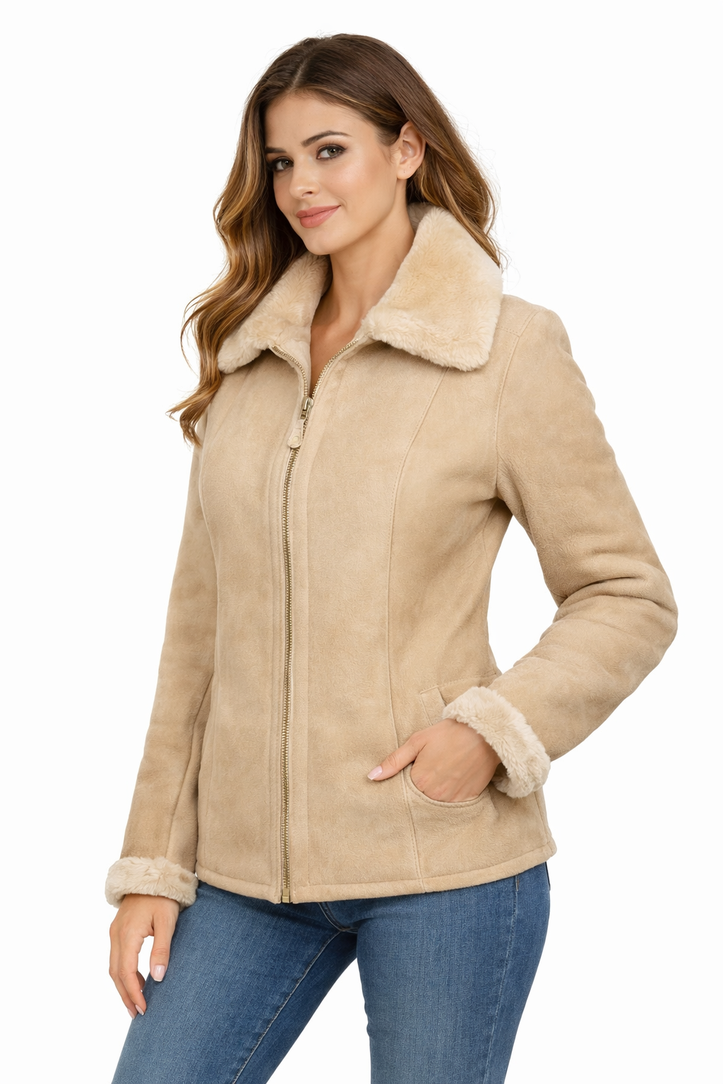 Women's Beige Lambskin Aviator Jacket - Front