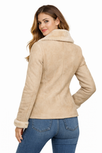 Women's Beige Lambskin Aviator Jacket - Back