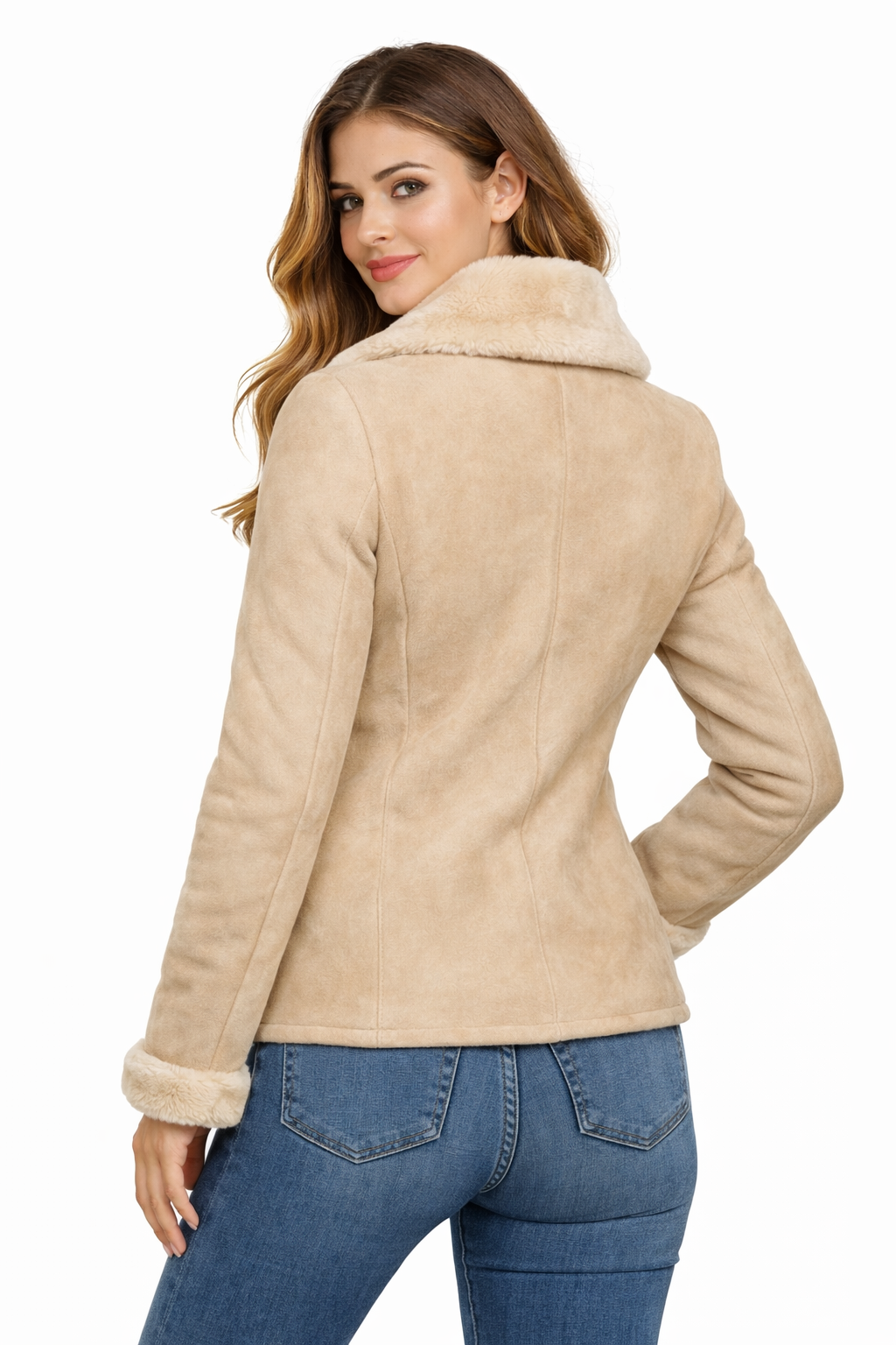 Women's Beige Lambskin Aviator Jacket - Back