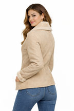 Women's Beige Lambskin Aviator Jacket - Left