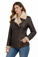 Women's Cross Zip Leather Sheepskin Jacket - Front