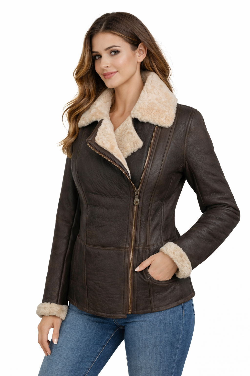 Women's Cross Zip Leather Sheepskin Jacket - Front