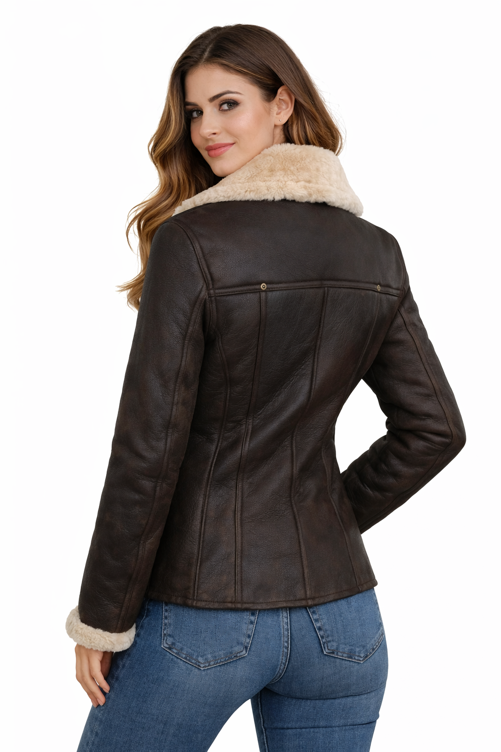 Women's Cross Zip Leather Sheepskin Jacket - Back