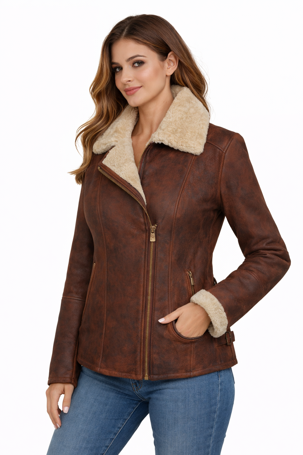 Women's Brown Shearling Leather Jacket - Front