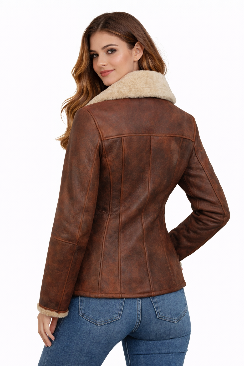 Women's Brown Shearling Leather Jacket - Back