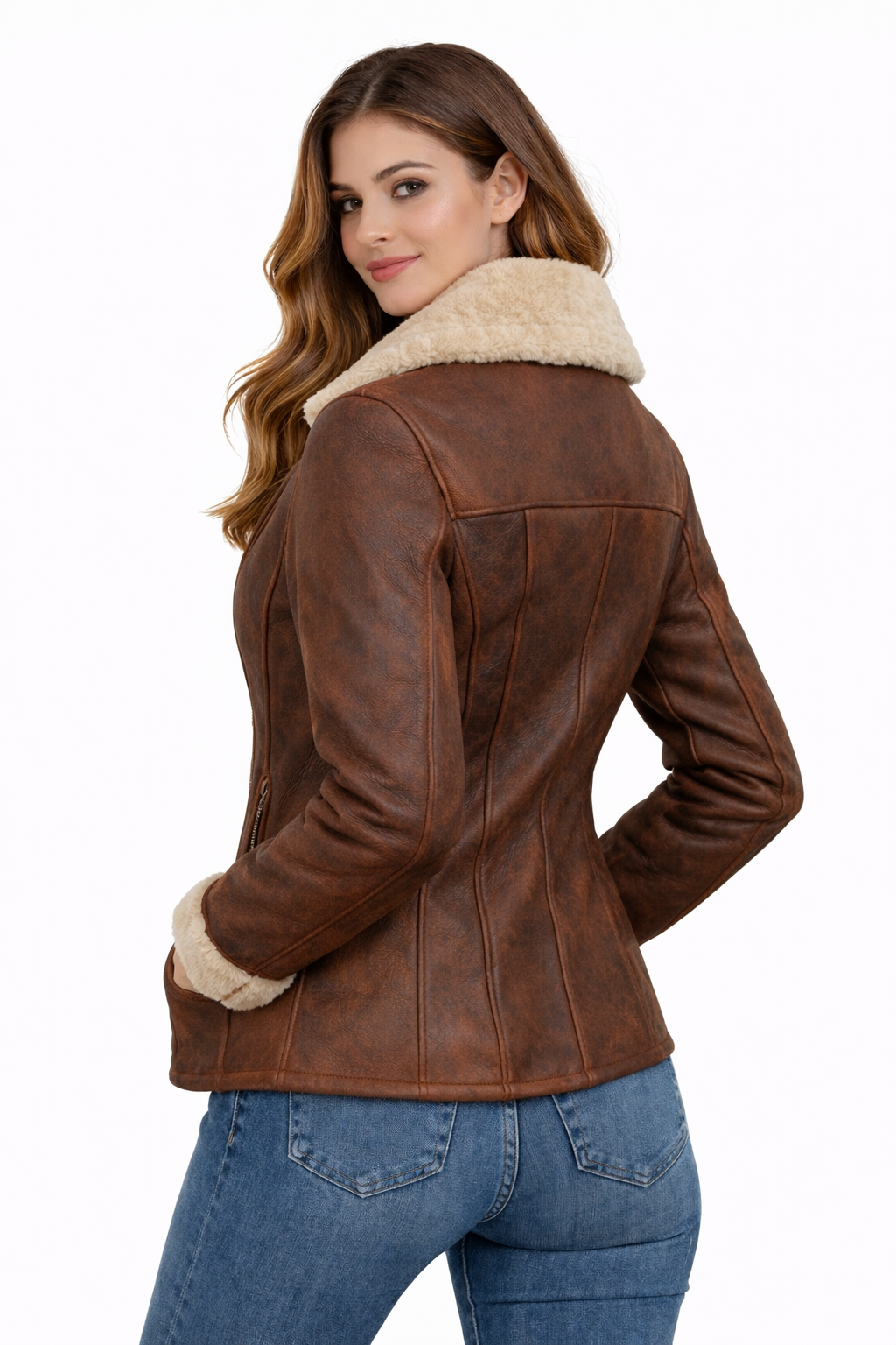 Women's Brown Shearling Leather Jacket - Left