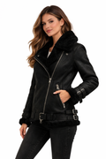 Women's Moya Black Shearling Moto Jacket - Front