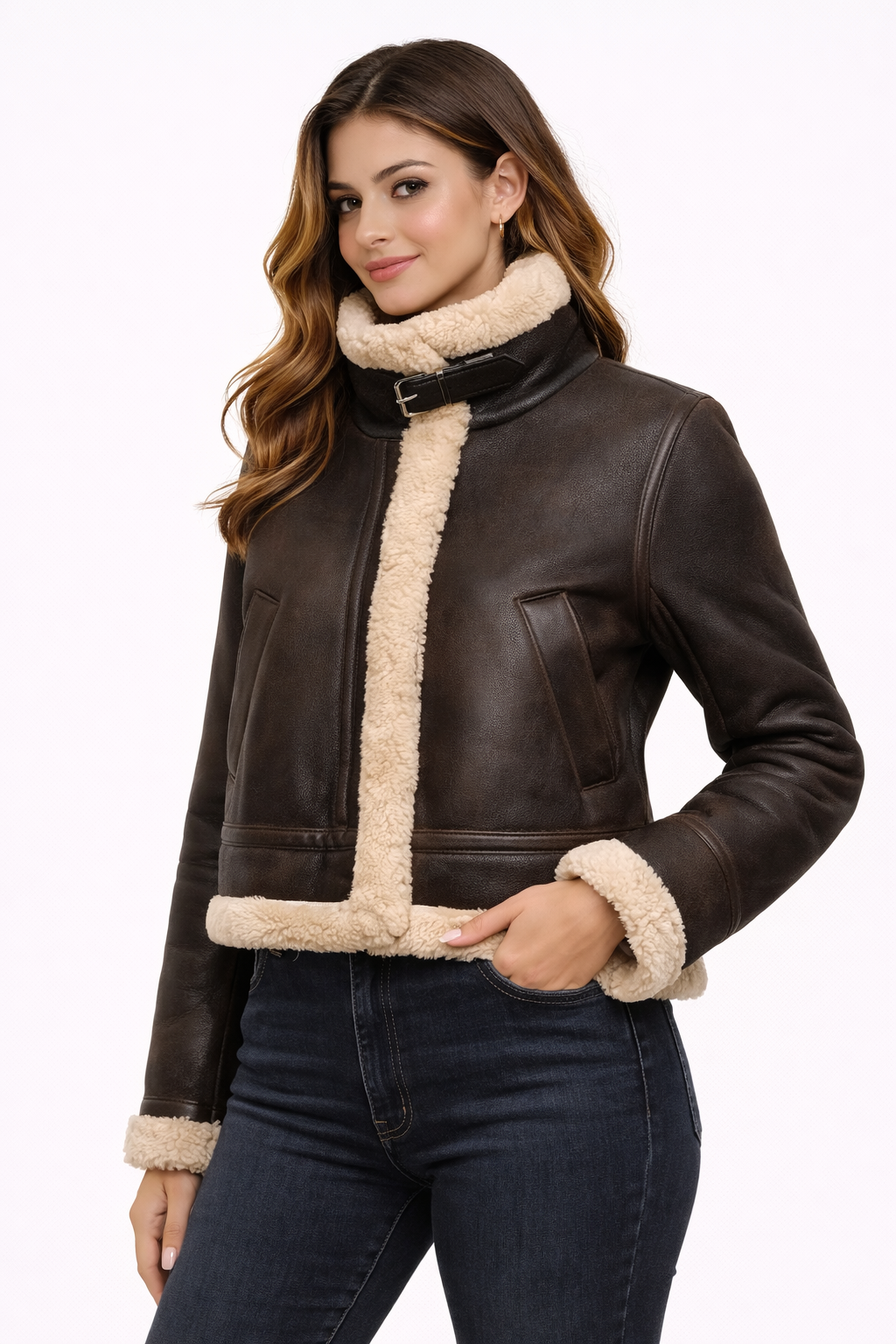 Women's Black Aviator Flight Leather Jacket - Front