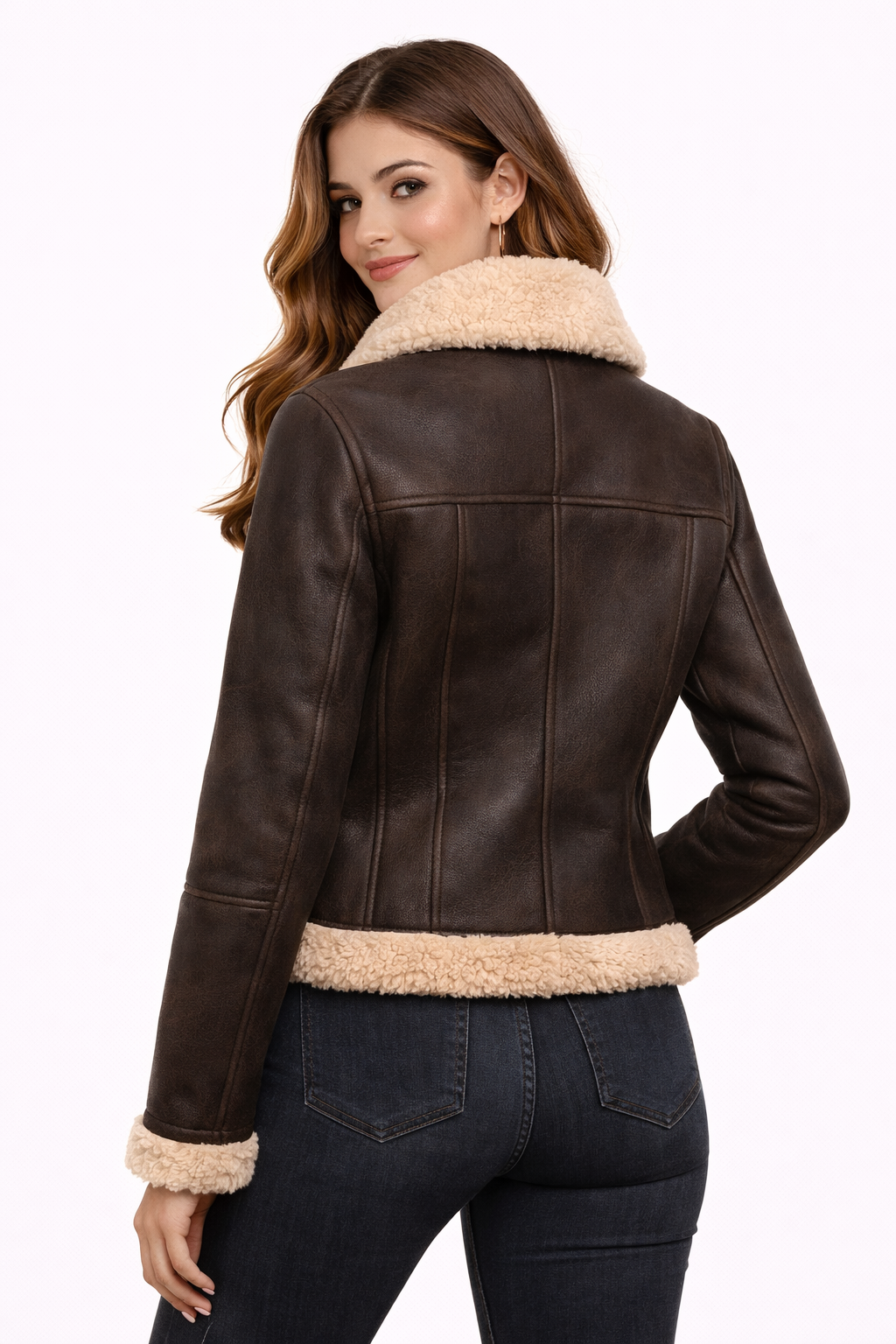 Women's Black Aviator Flight Leather Jacket - Back