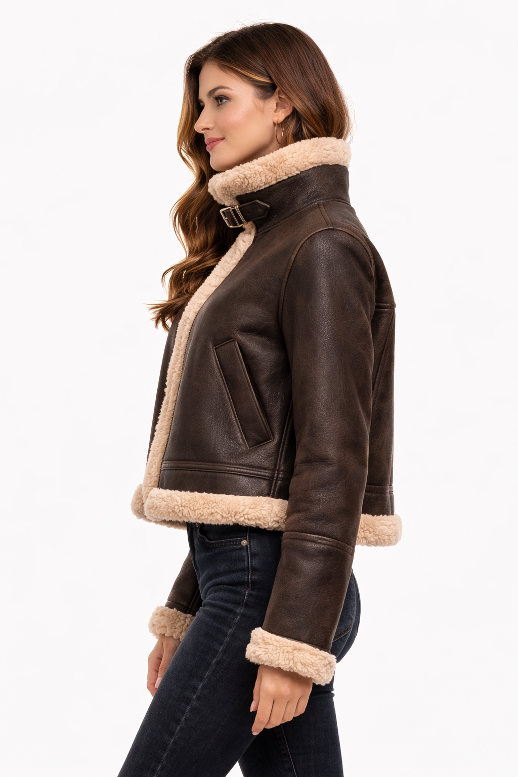 Women's Black Aviator Flight Leather Jacket - Left