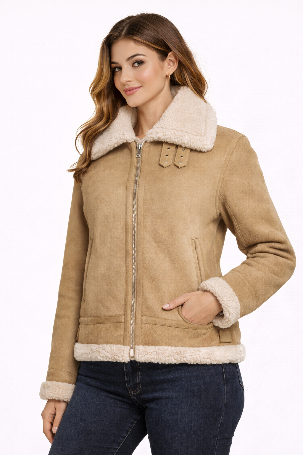 Women's Beige Lambskin Aviator Jacket II - Front