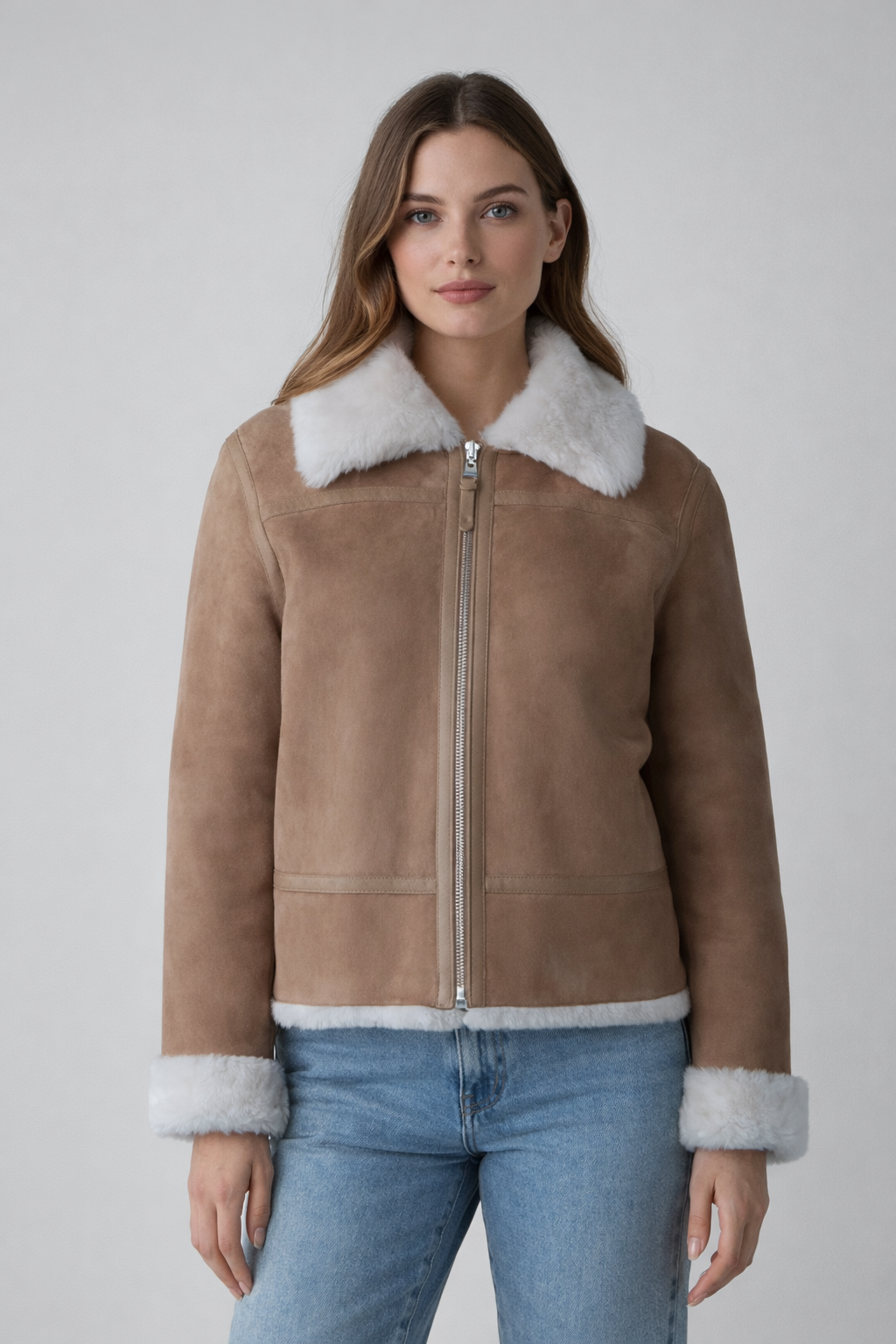 Women's Handmade Light Camel Shearling Jacket - Front