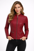 Women's Maroon Leather Mandarin Collar Biker Jacket - Front