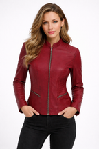 Women's Maroon Leather Mandarin Collar Biker Jacket - Front