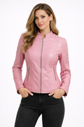 Women's Pink Biker Leather Jacket - Front