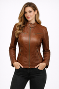 Women's Brown Leather Biker Jacket - Front