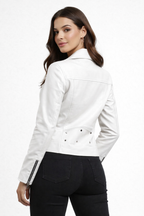 Women's White Biker Leather Jacket - Left