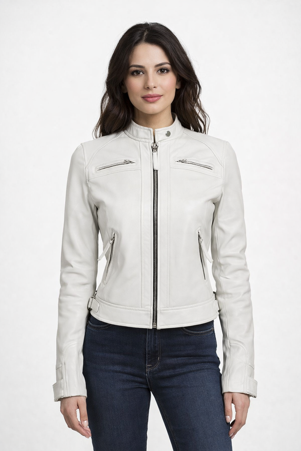 Women's White Leather Cafe Racer Jacket - Front