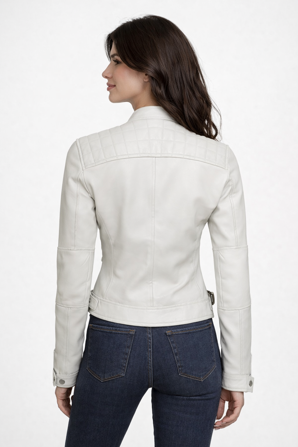 Women's White Leather Cafe Racer Jacket - Back