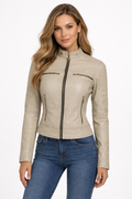 Women's Beige Diamond Cafe Racer Leather Jacket - Front