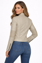 Women's Beige Diamond Cafe Racer Leather Jacket - Back