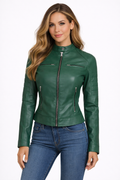 Women's Green Cafe Racer Leather Jacket - Front
