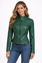 Women's Green Cafe Racer Leather Jacket - Front