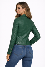 Women's Green Cafe Racer Leather Jacket - Back