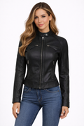 Women's Black Quilted Cafe Racer Leather Jacket - Front