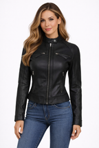 Women's Black Quilted Cafe Racer Leather Jacket - Front