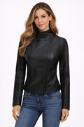 Women's Black Flap Closure Cafe Racer Leather Jacket - Front