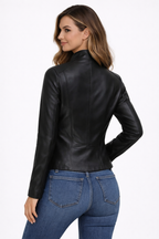 Women's Black Flap Closure Cafe Racer Leather Jacket - Back