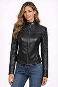 Women's Cafe Racer Quilted Slim Fit Black Leather Jacket - Front