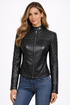 Women's Cafe Racer Quilted Slim Fit Black Leather Jacket - Front