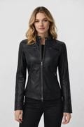 Women's Black Leather Biker Jacket - Front