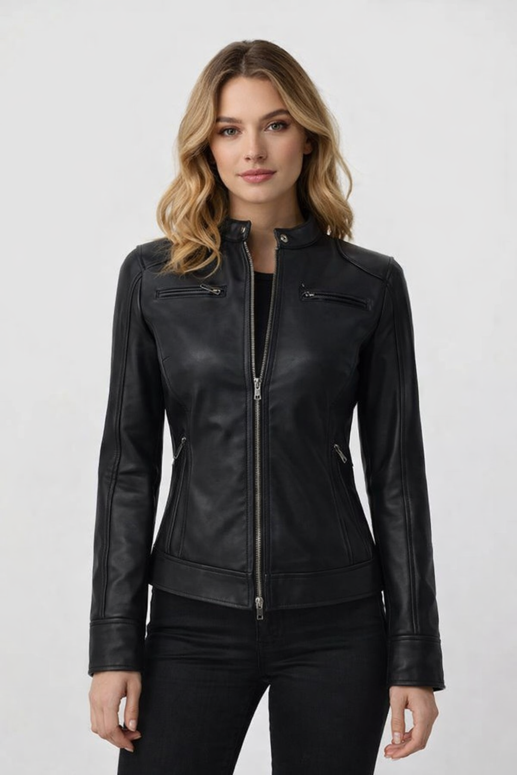 Women's Black Leather Biker Jacket - Front