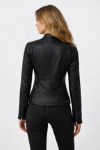 Women's Black Leather Biker Jacket - Back