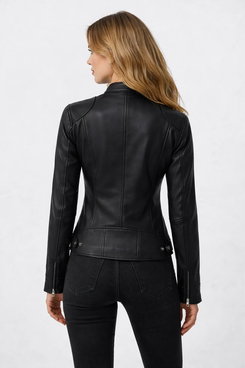 Women's Black Leather Biker Jacket - Back