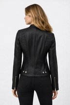 Rachel Women's Cafe Racer Black Leather Jacket - Back
