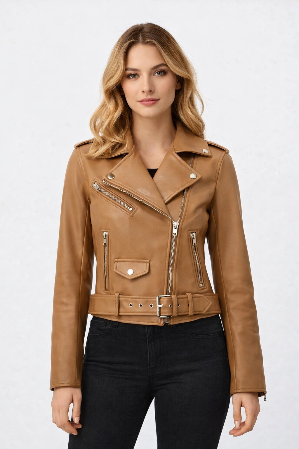 Women's Stylish Brown Lambskin Leather Jacket - Front
