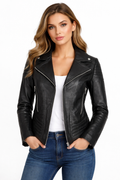 Women's Black Biker Leather Jacket - Front