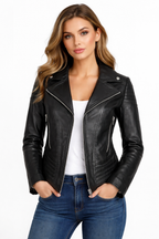 Women's Black Biker Leather Jacket - Front