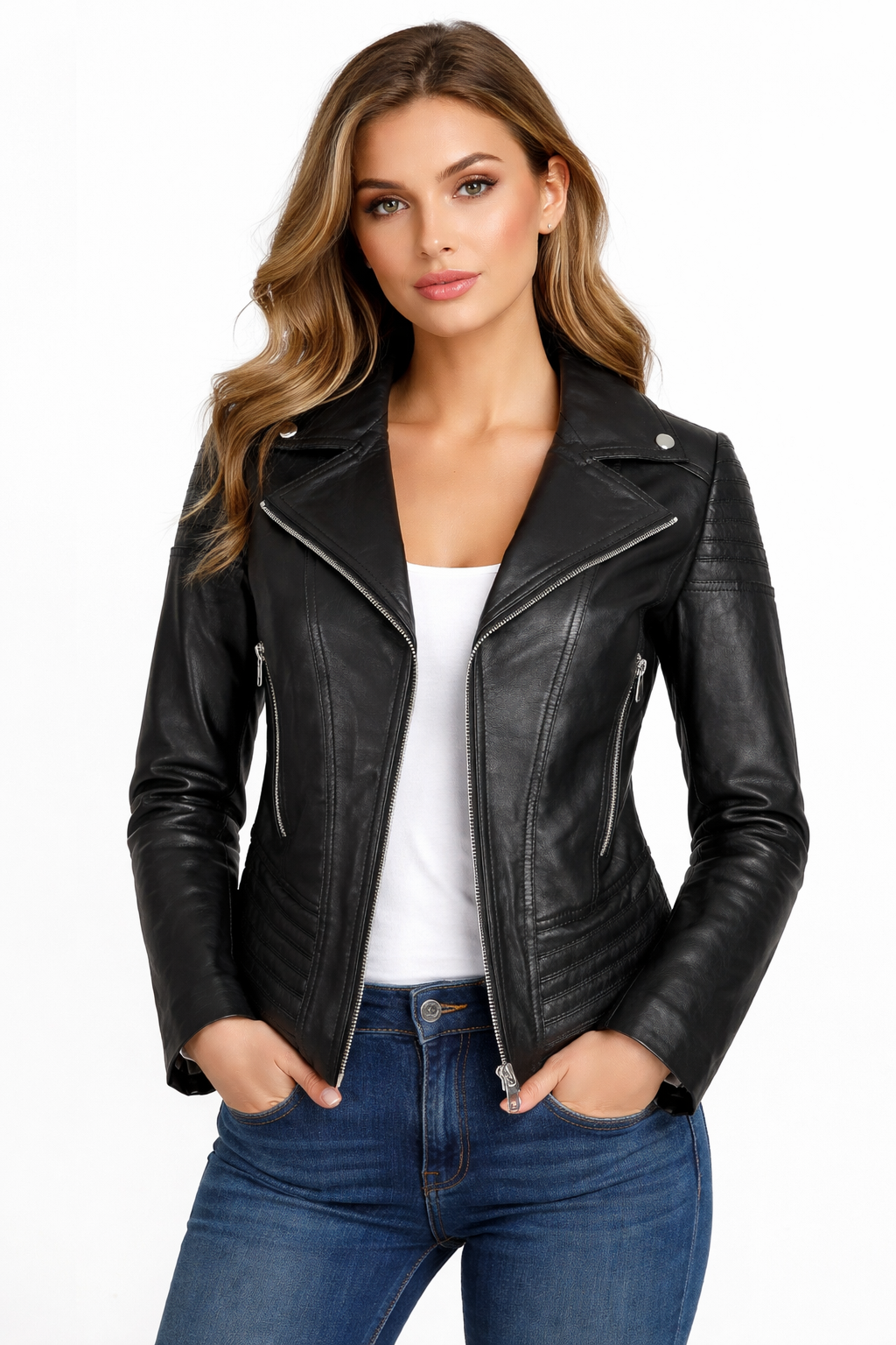 Women's Black Biker Leather Jacket - Front