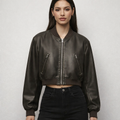 Women's Vintage Cropped Leather Bomber Jacket - Front